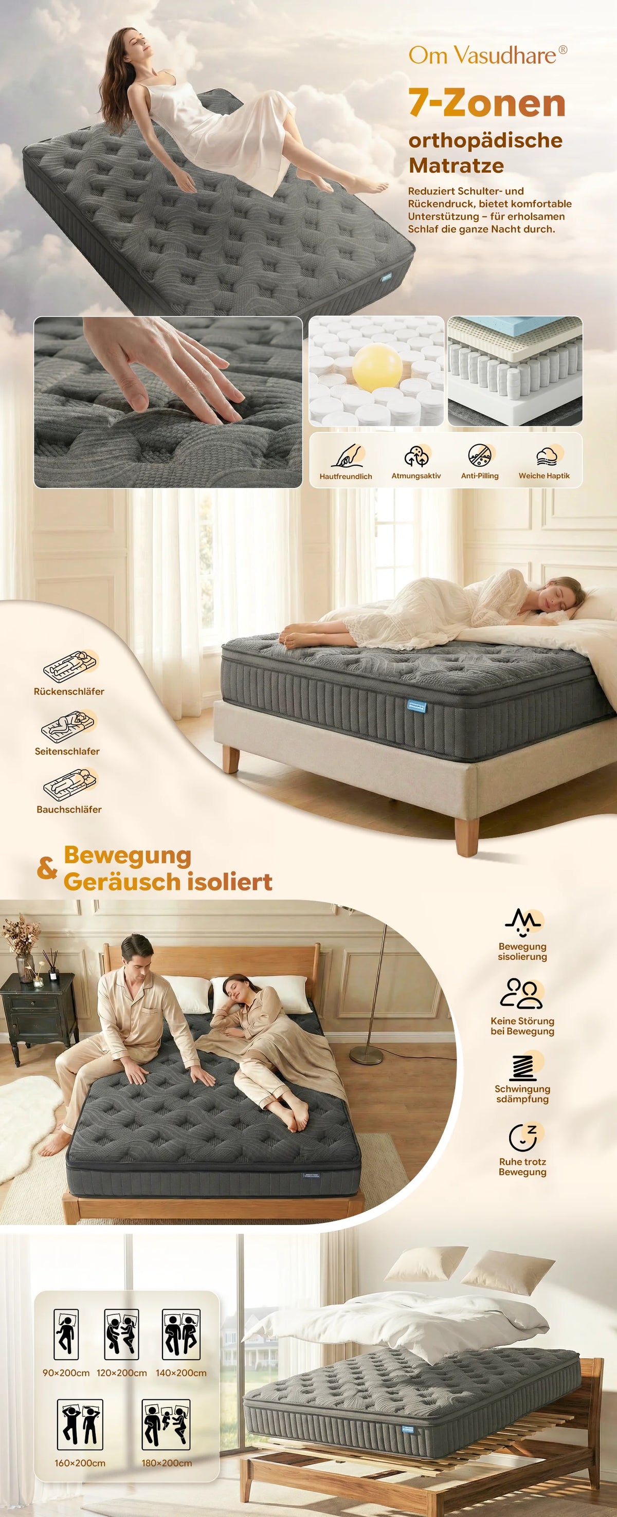 SKSBTF 7-Zone Spring Mattress 90/140/160x200 Cm Cold Foam Height 25 Cm with H3 Hardness, Edge Reinforcement Breathability