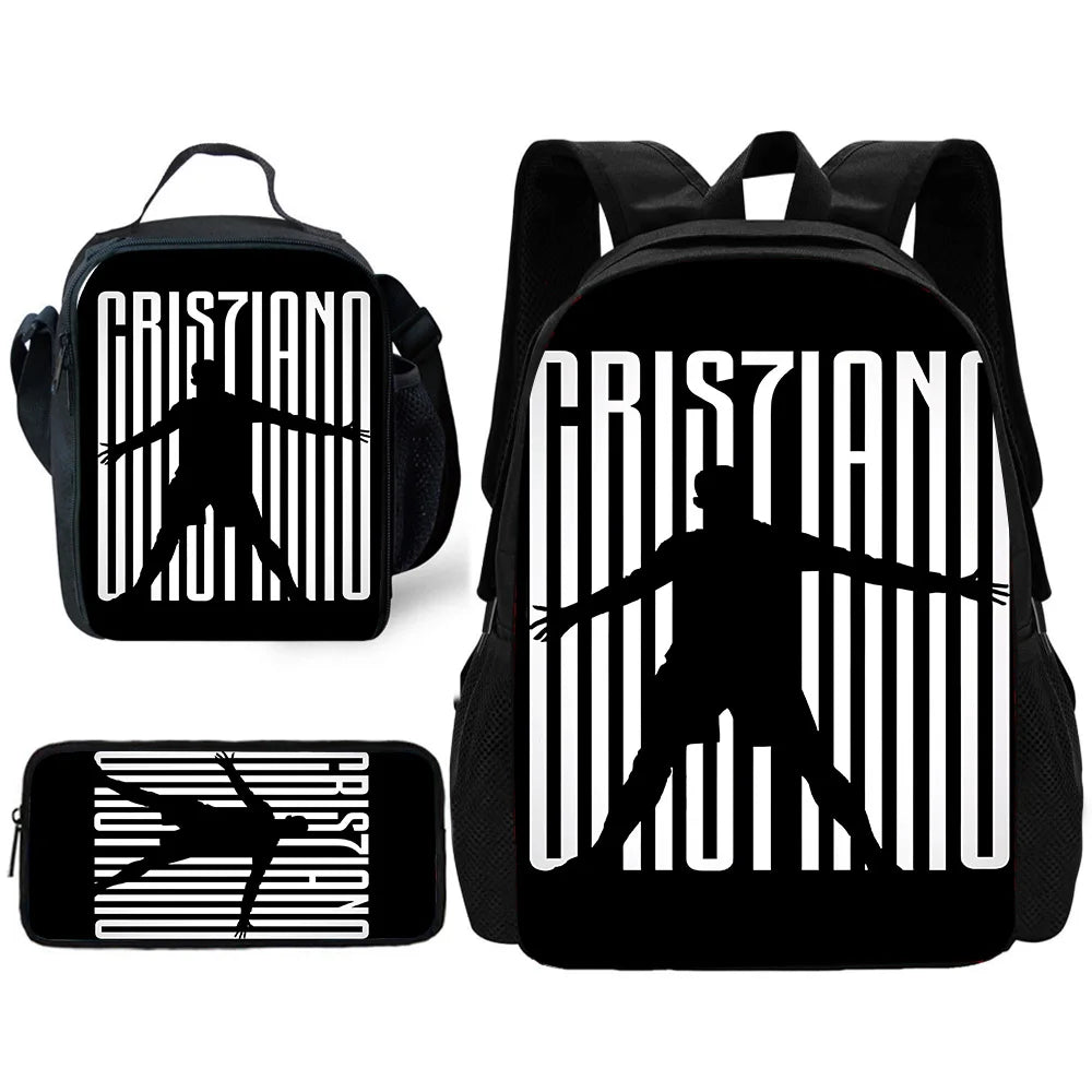 Child School Football R-RonaldoS CR7 Backpack with Lunch Bags ,Pencil Bags ,School Bags for Boys Girls Best Gift
