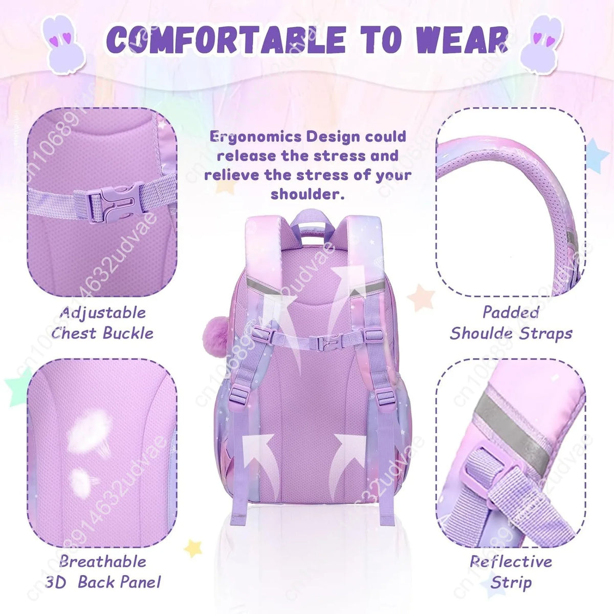 Kids Backpack for Girls - Middle School & Elementary School - Kawaii Ita Backpack - Purple