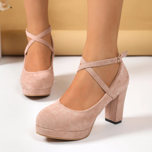 Women Shoes on Heels Women Platform Pumps Spring Summer Shallow Cross Strap Buckle Shoes Round Toe Shoes for Women High Heels