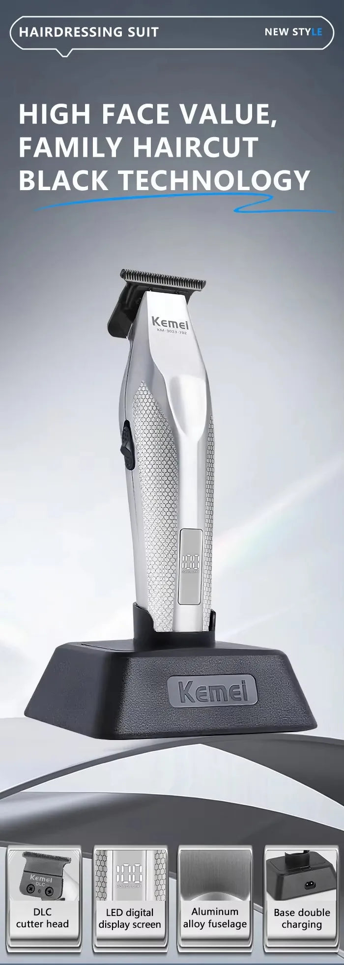 Kemei Hair Trimmer Professional Hair Clipper Electric Haircut Machine Rechargeable Hair Clipper 0 MM Trimmer for Men KM-3023-702