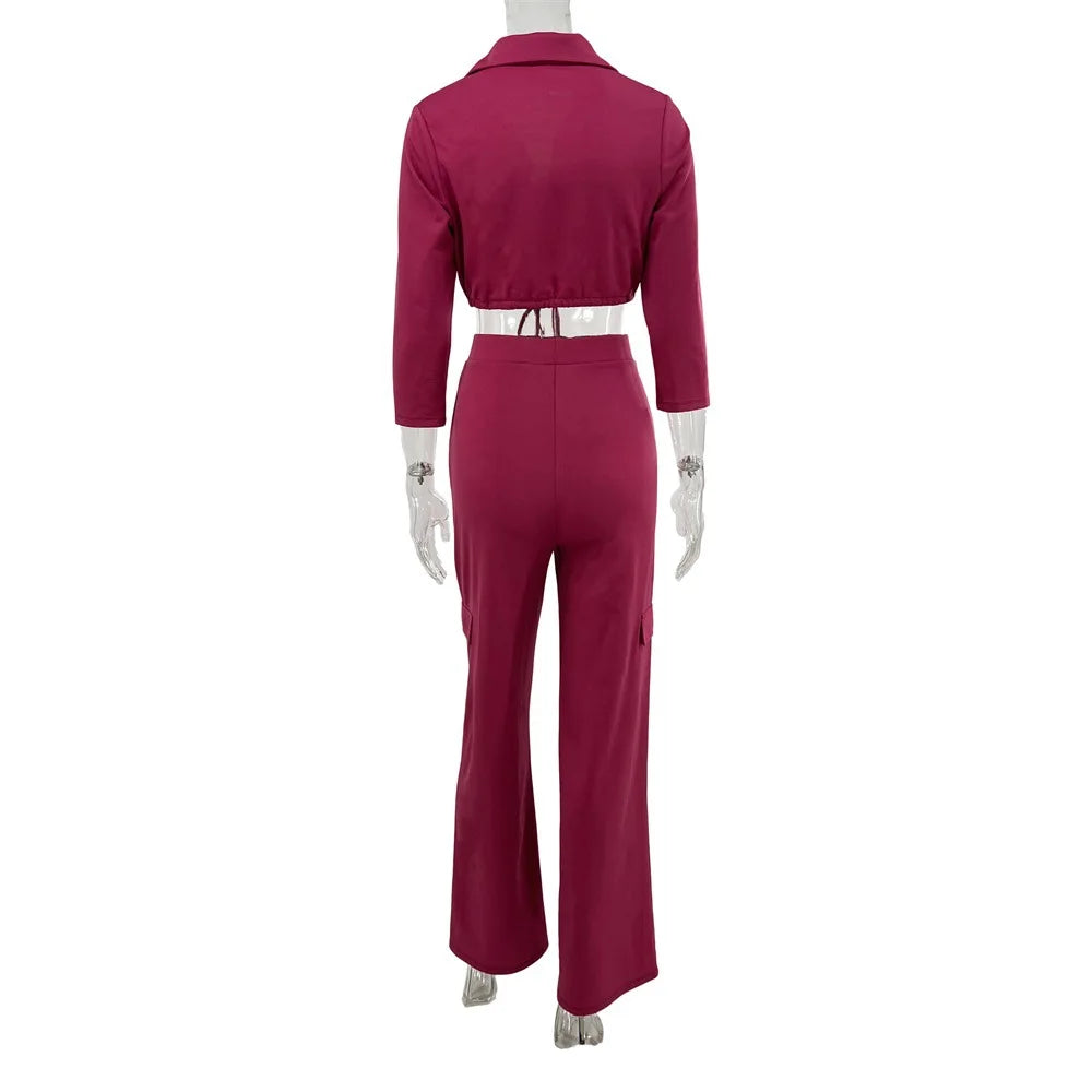 Elegant Office Women Two Piece Sets Autumn V Turn-down Neck Half Sleeve Drawstring Lace Up Short Shirt + Wide Leg Trousers Set