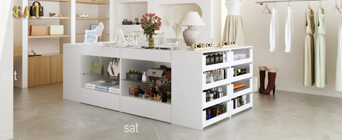 %a Wardrobe Armoire Bedroom Island with Glass Top, Glass Display Shelf & 6 Drawers, Wooden Closet Storage Cabinet with Open She