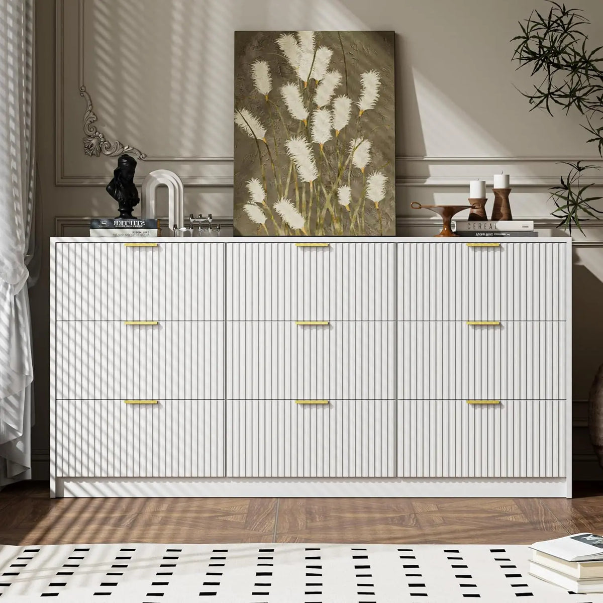 3-Piece Dresser Bedroom Set, 9 Drawer Dresser & 2 Drawer Nightstands with Gold Handles, Fluted Wood Chest of, Customized