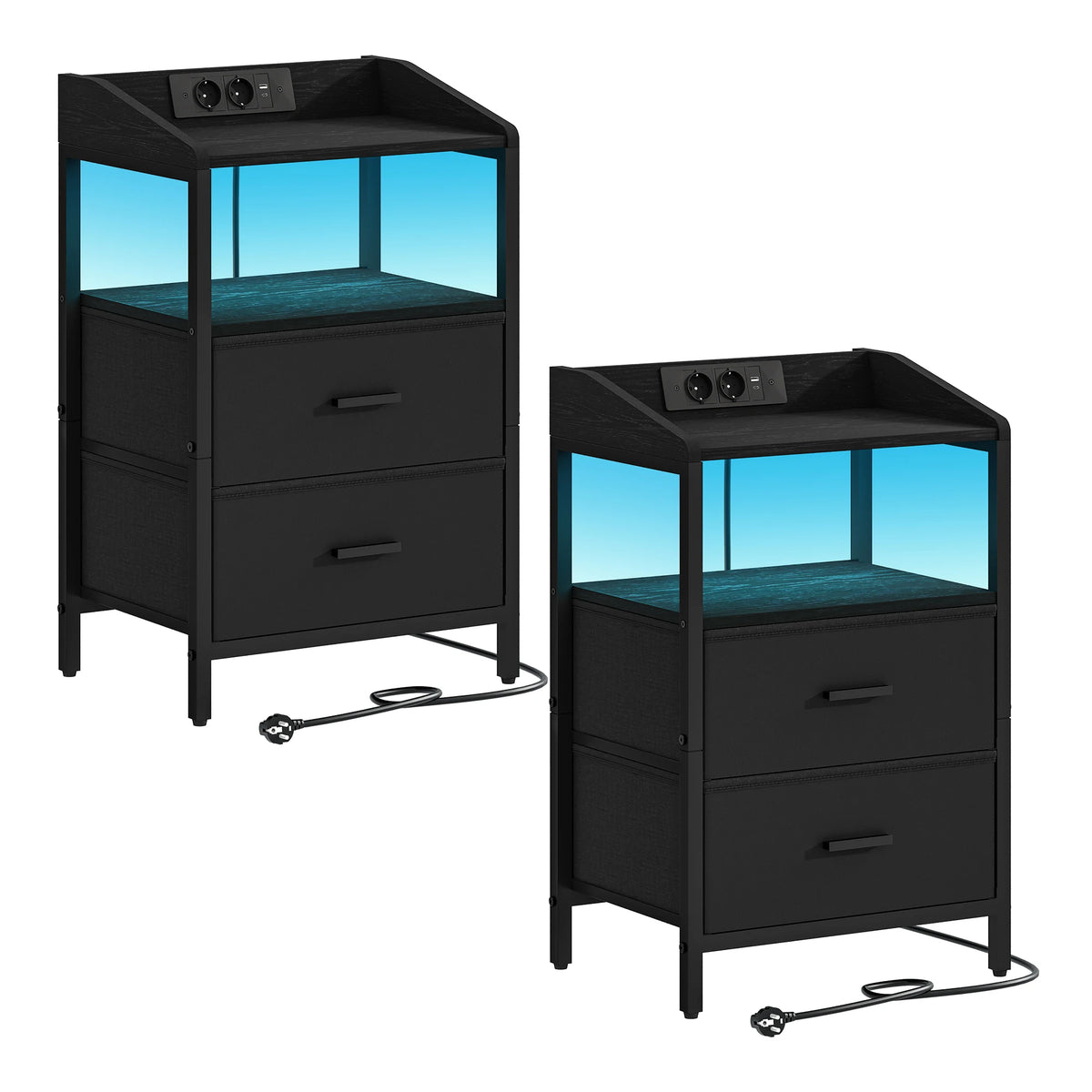 Bedside Table set of 2, with LED Lights and Charging Station, Side Table with 2 Fabric Drawers and Shelves, White