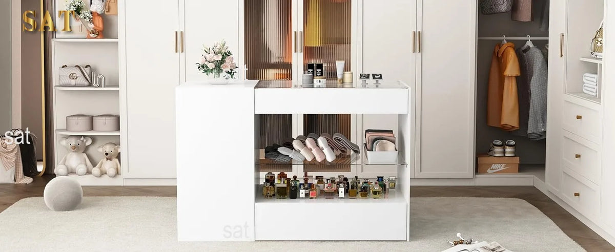 %a Wardrobe Armoire Bedroom Island with Glass Top, Glass Display Shelf & 6 Drawers, Wooden Closet Storage Cabinet with Open She