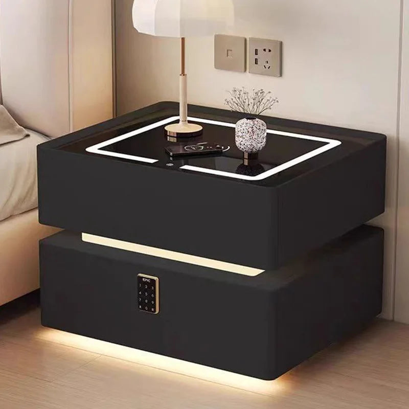 Modern Style Solid Wood Bedside Table with Wireless Charging Smart 2 Drawers Bedroom Nightstands with Lock 40cm