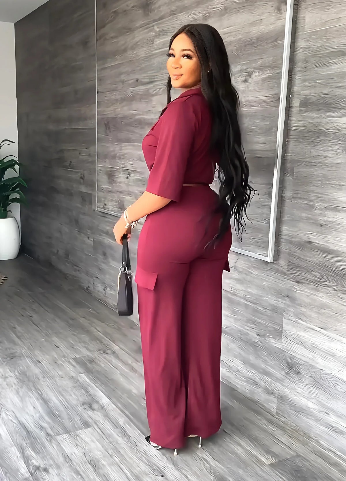 Elegant Office Women Two Piece Sets Autumn V Turn-down Neck Half Sleeve Drawstring Lace Up Short Shirt + Wide Leg Trousers Set