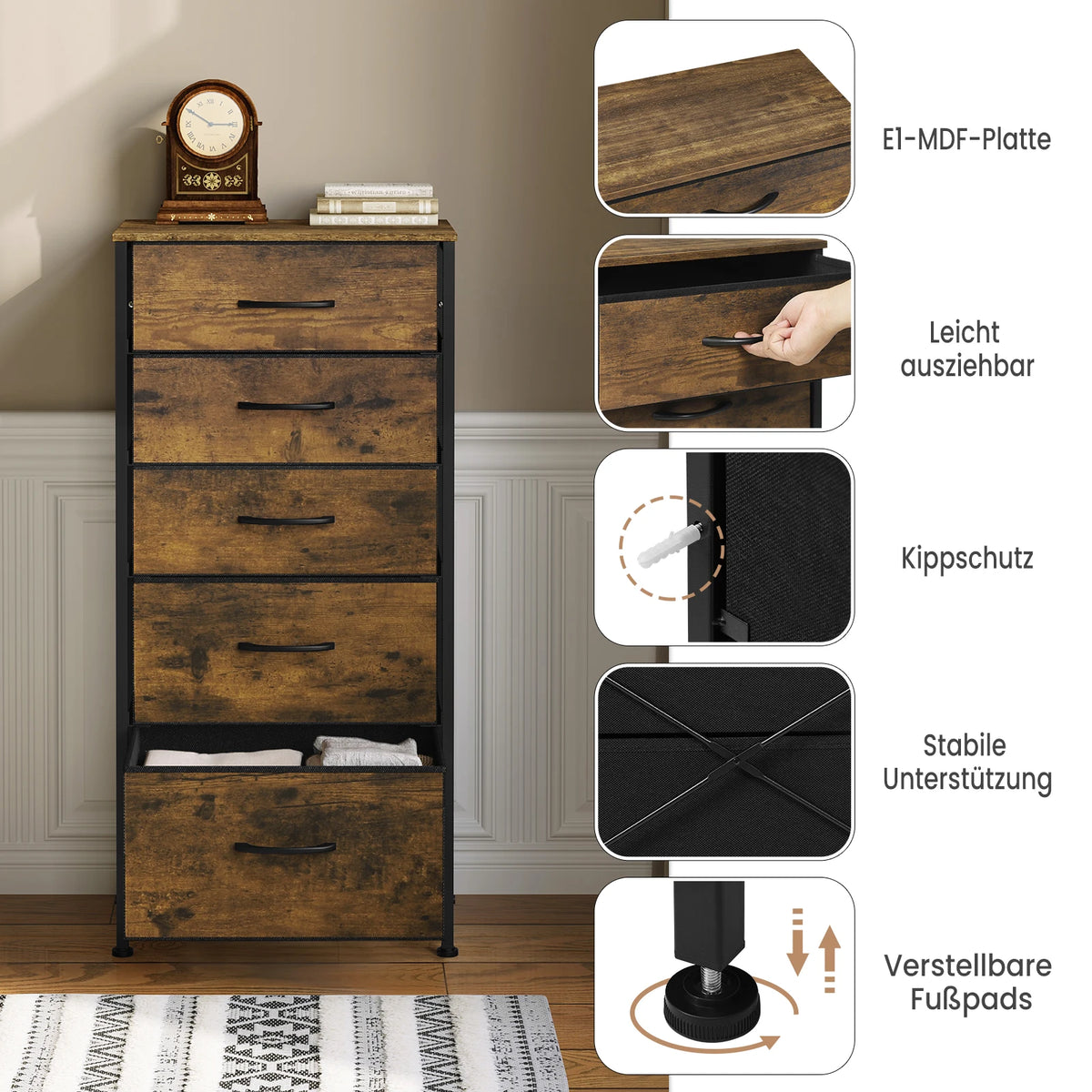 WOLTU Rustic Brown Dresser Storage Unit Chiffonier with 5 Fabric Drawers Wardrobe Living Room Cabinet