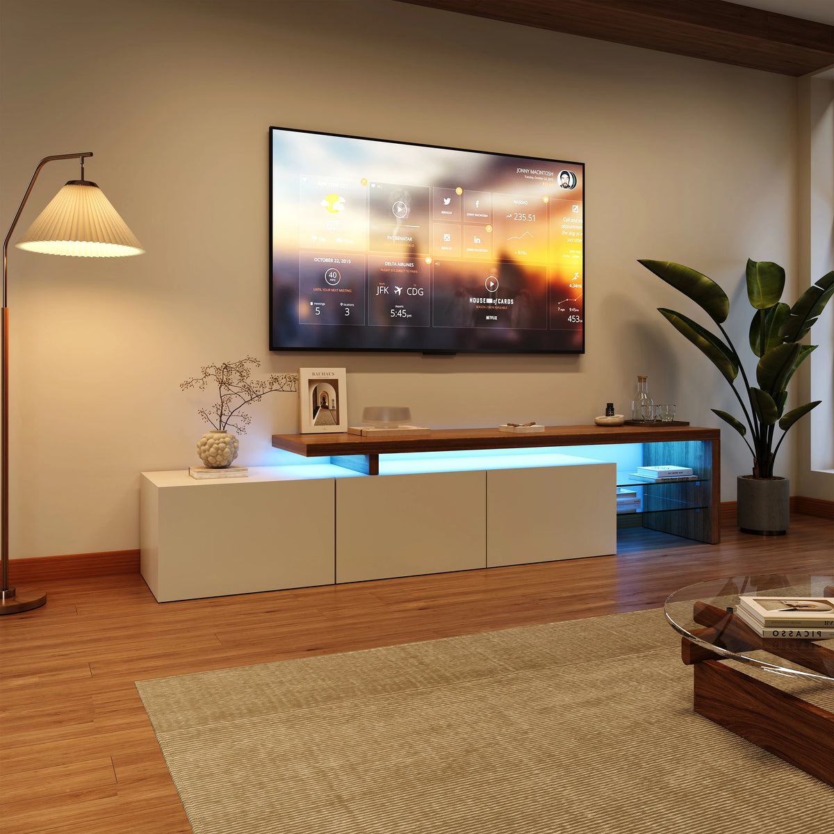 Rosahqnda TV Cabinet for Living Room,TV Lowboard with LED,Sideboard,2 Glass Partition,3 Drawers,White/Black High Gloss