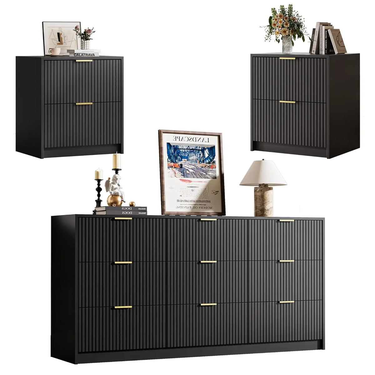 3-Piece Dresser Bedroom Set, 9 Drawer Dresser & 2 Drawer Nightstands with Gold Handles, Fluted Wood Chest of, Customized