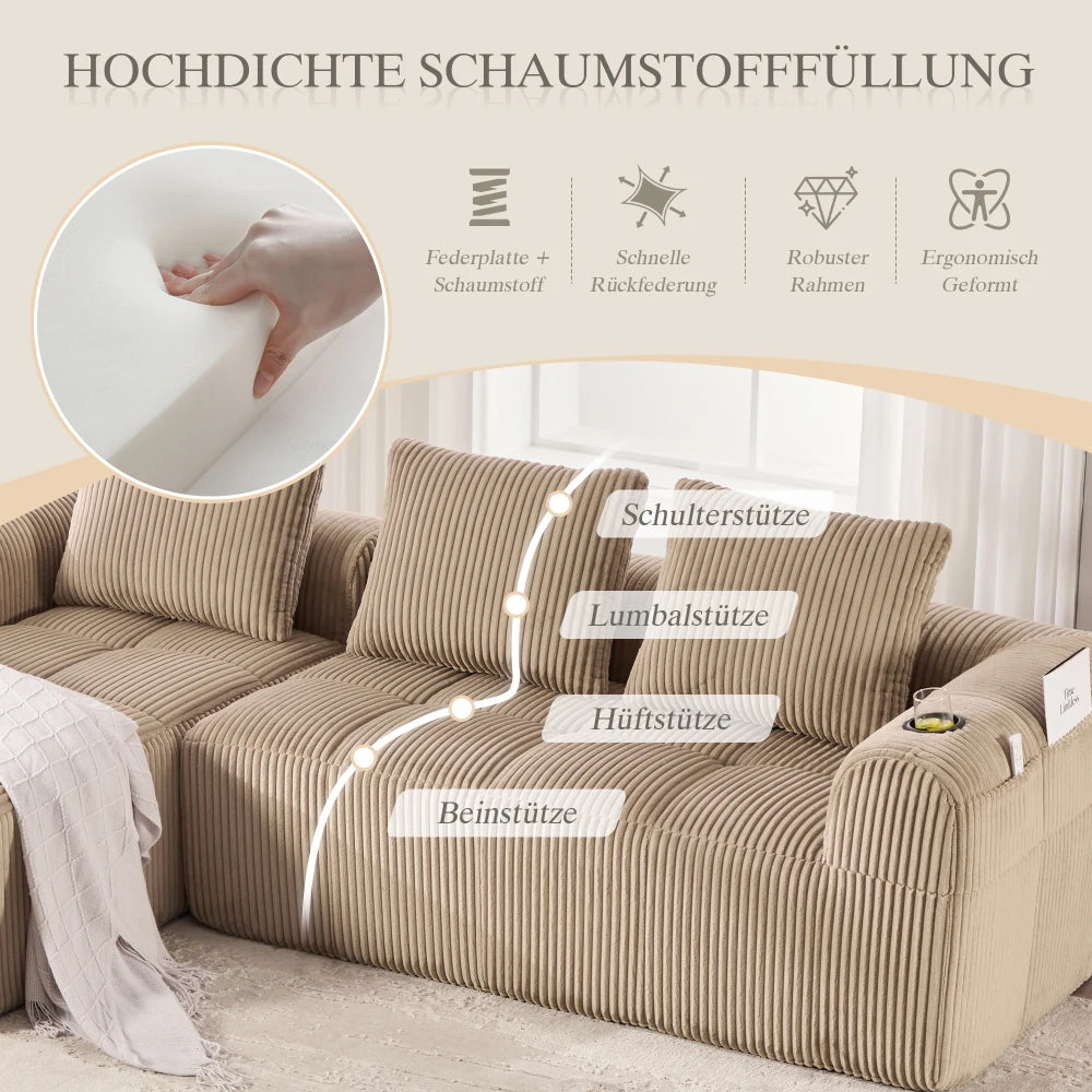 Compact Sofa Soft, Modular Sofa with Side Pocket and Beverage Holder, High Quality Comfort for Long Sitting, Incl. Pillows