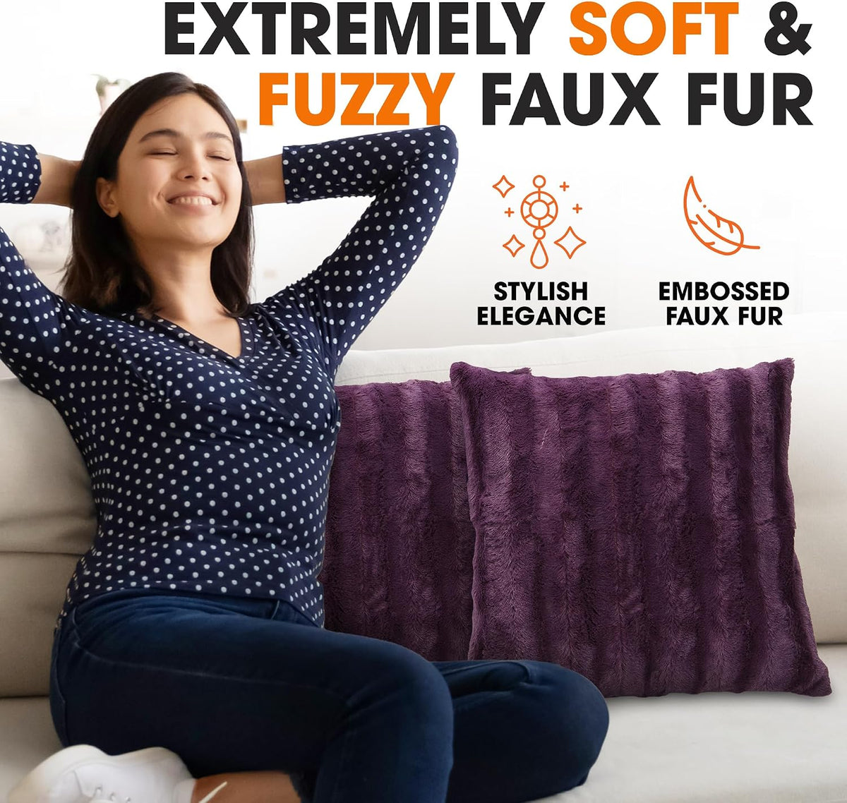 Faux Fur Throw Pillows - Decorative Pillows for Couch, Bed Throw Pillows, Purple Accent Pillows for Bedroom or Living Room Aesthetic, Set of 2 Furry Throw Pillows, 18”X18”
