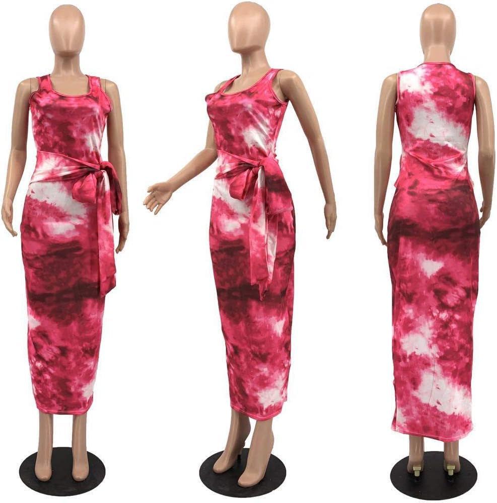 Sun Dresses Women Bodycon Sleeveless Summer Maxi Long Dress with Belt plus Size Rose