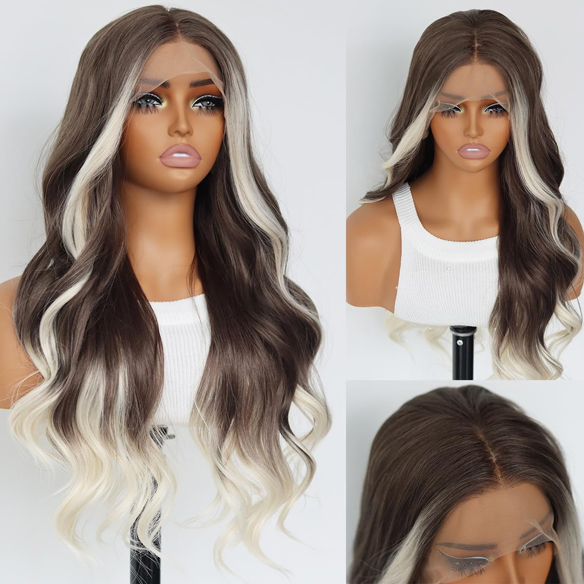 Ombre Brown Platinum Blonde Wavy Synthetic Lace Front Wig 24IN