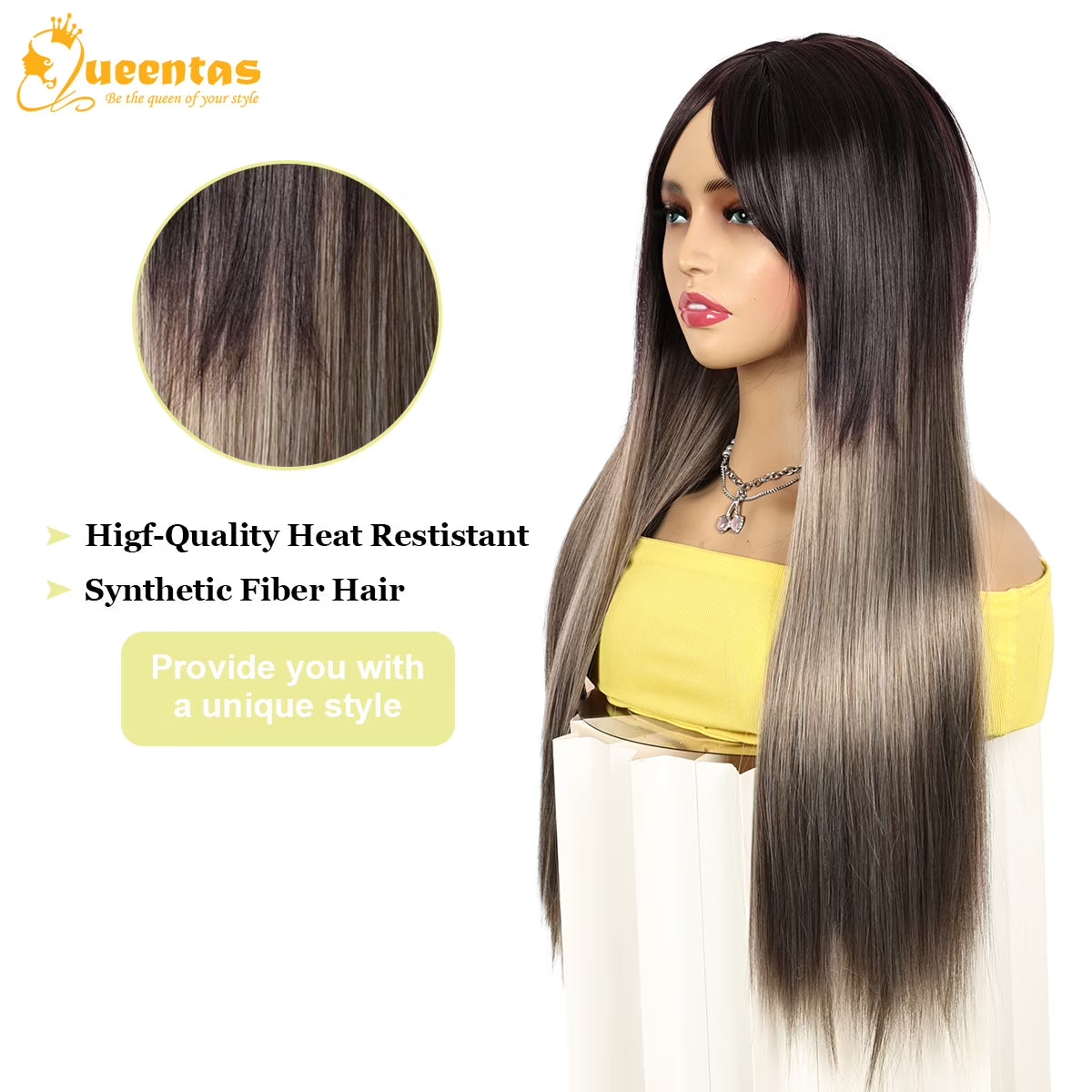 26" Grey Wigs for Women Synthetic Grey Wigs with Dark Root Straight Long Wigs with Bangs Glueless Wigs Purple Mix Grey