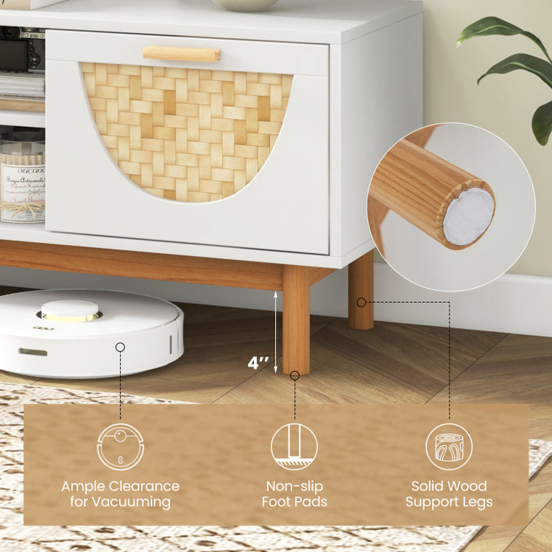 Mid Century Modern TV Stand Entertainment Center for 55-Inch TV with 2 Drawers and Bamboo Woven Fronts