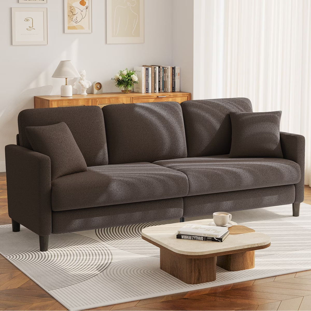 83" Sofa Couch for Living Room,Comfy Teddy Fleece Loveseat Sofa,Extra Deep Seat Couches , Tool-Free Setup Love Seat with 2 Pillows,Brown
