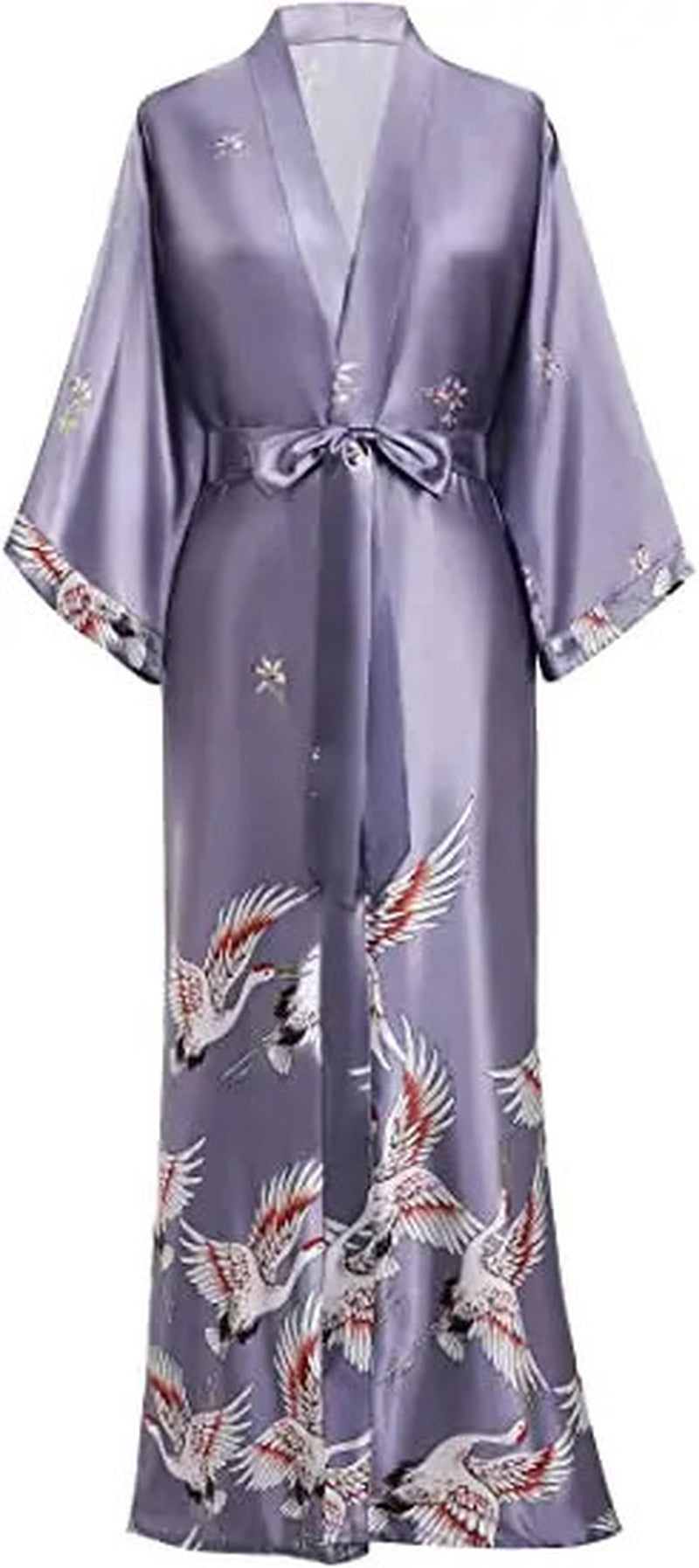 Satin Print Robe Kimono V Neck Knee Length Sleepwear Lounge Belted Fit