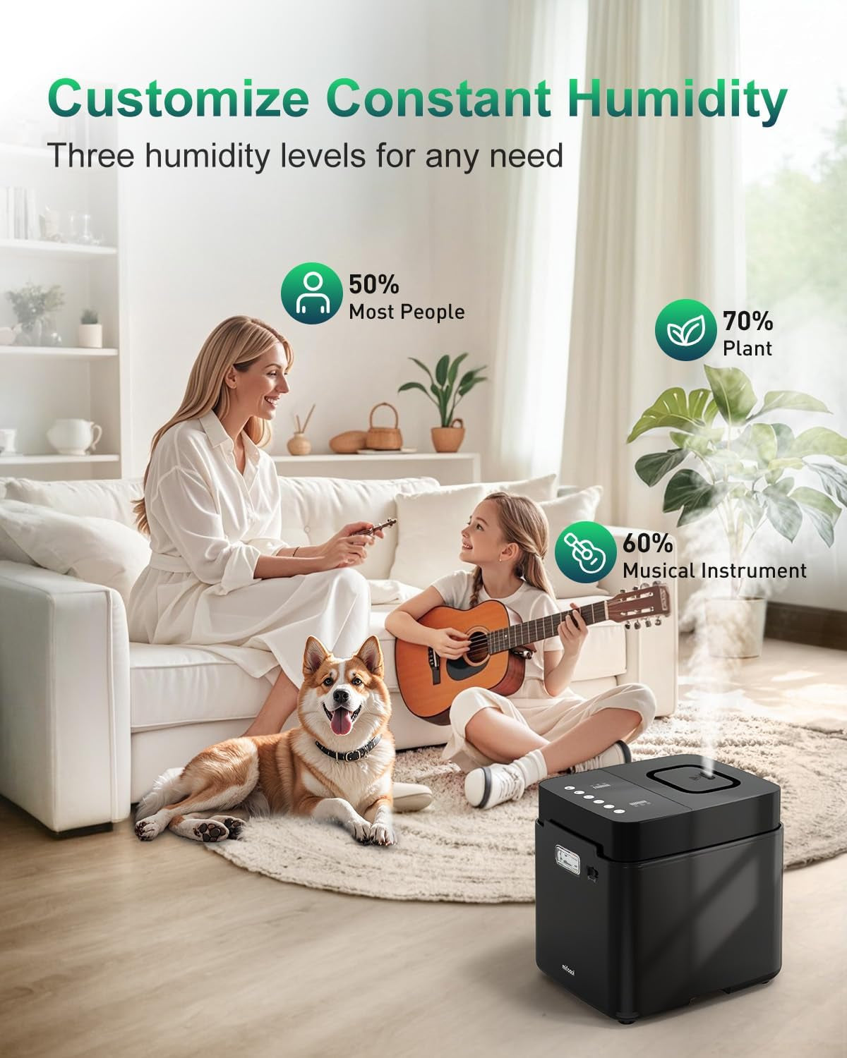 Stainless Steel Humidifier, 3.3L Warm Mist Humidifiers for Bedroom, Easy Clean Steam Humidifiers for Home, Dishwasher Safe Humidifier Large Room, Black