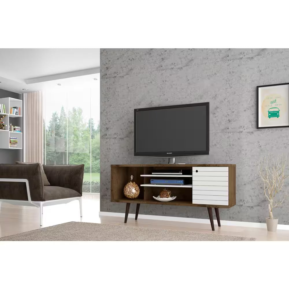 Liberty 53.14 In. Rustic Brown and White TV Stand Fits Tvs up to 50 In. with Storage Doors and Cable Management