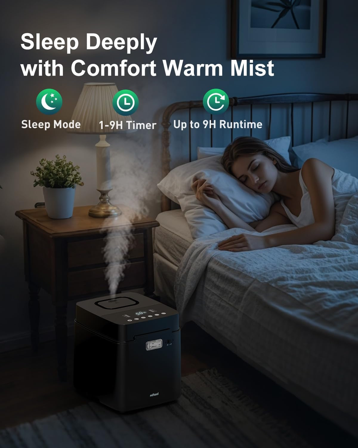 Stainless Steel Humidifier, 3.3L Warm Mist Humidifiers for Bedroom, Easy Clean Steam Humidifiers for Home, Dishwasher Safe Humidifier Large Room, Black