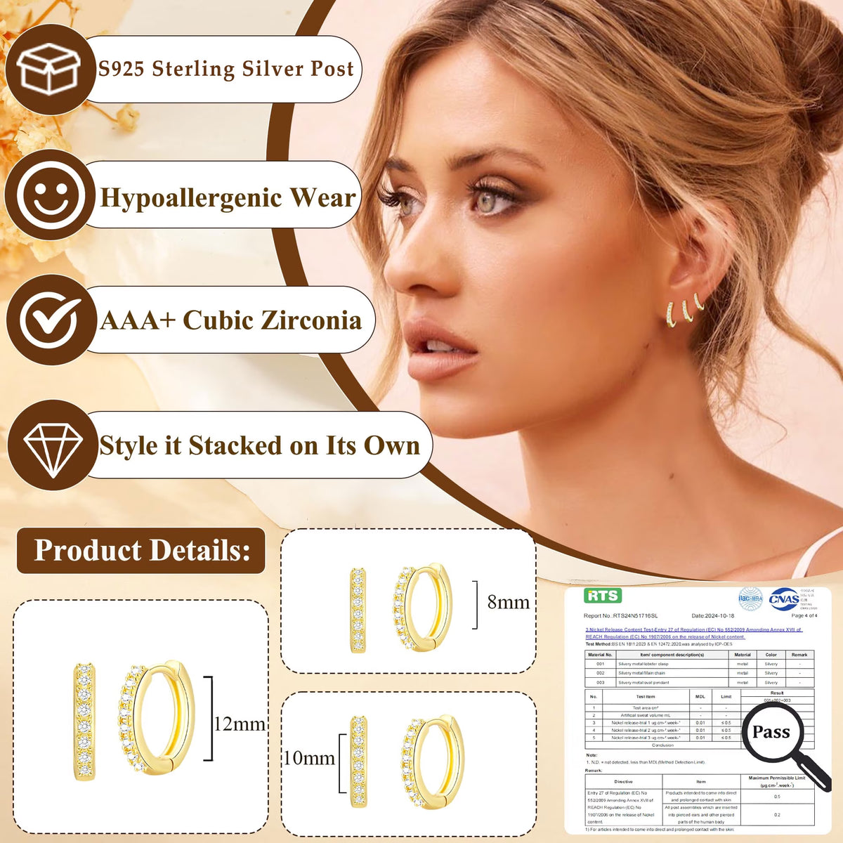 3 Pairs 18K Gold Plated Hoop Earrings for Women CZ Small Huggie Cartilage Hypoallergenic Earrings Set for Multiple Piercing Birthday Christmas Jewelry Gifts Teen Adult Stocking Stuffers