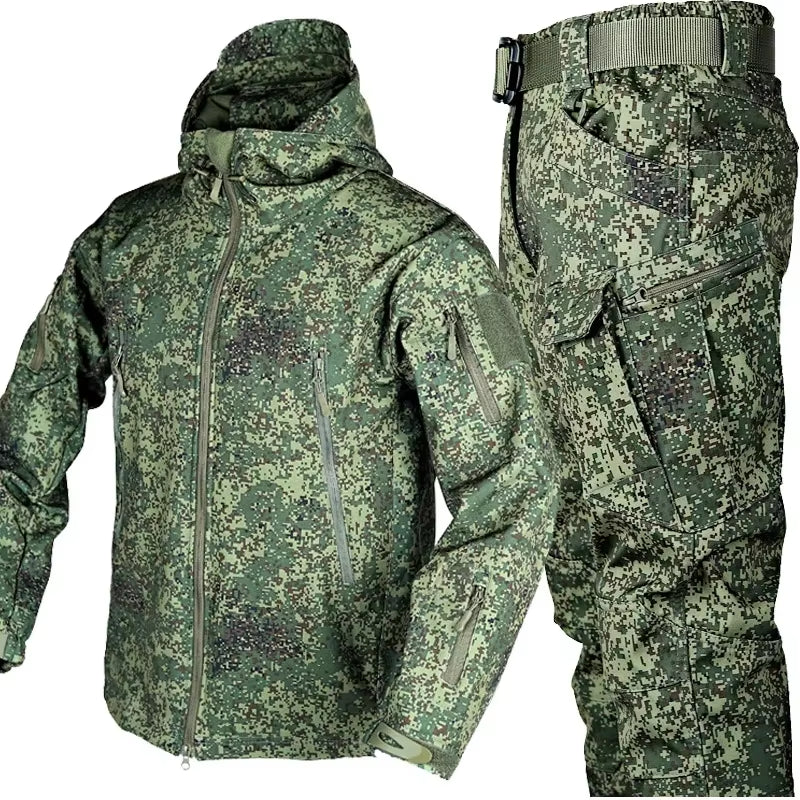 Winter Thicken Men Camo Suit Waterproof Tactical Training Set Multi-Pocket Hooded Jacket Fleece Pants Outdoor Hunting 2-Piece