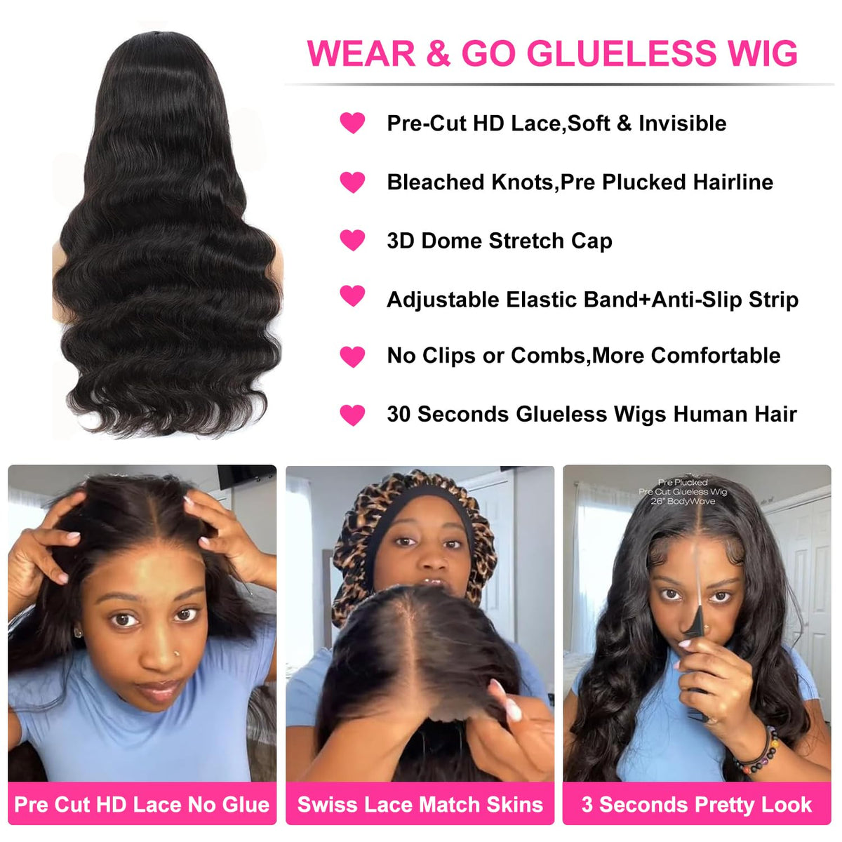 28 Inch Glueless Wigs Human Hair Pre Plucked Pre Cut 5X5 Closure Body Wave