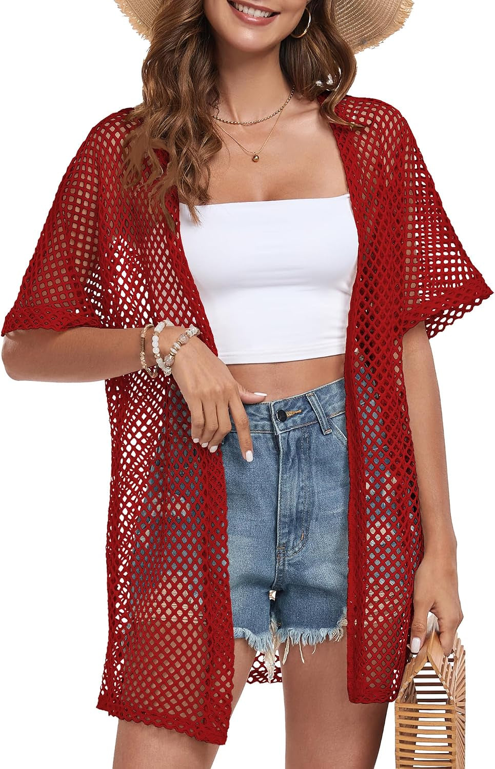 Women Swimsuit Coverup Crochet Beach Cover up Short Sleeve Kimono Cardigans