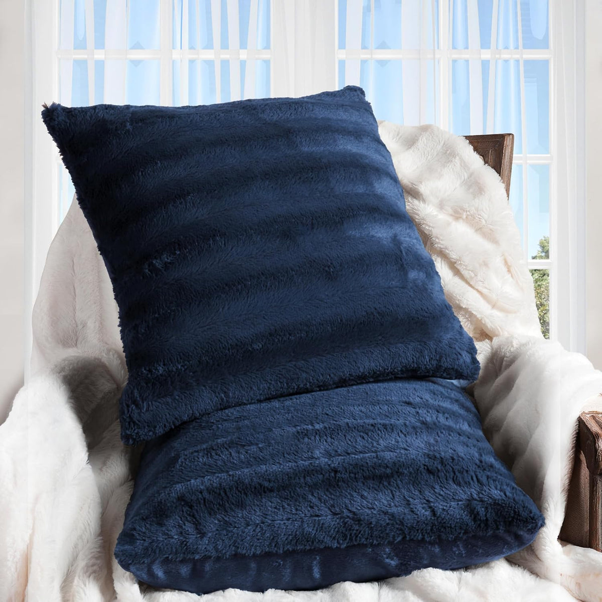 Faux Fur Throw Pillows - Decorative Pillows for Couch, Bed Throw Pillows, Blue Accent Pillows for Bedroom or Living Room Aesthetic, Set of 2 Furry Throw Pillows, 16" X 16"