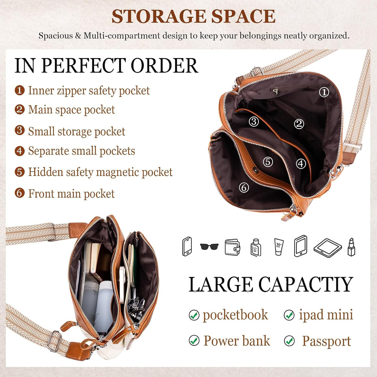 Genuine Leather Crossbody Bags for Women - Cute Small Crossbody Purse with Wide Strap for Travel, Work & Daily