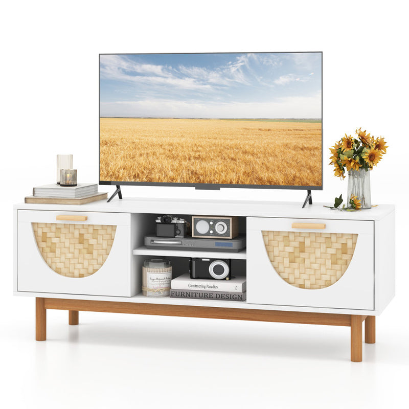 Mid Century Modern TV Stand Entertainment Center for 55-Inch TV with 2 Drawers and Bamboo Woven Fronts