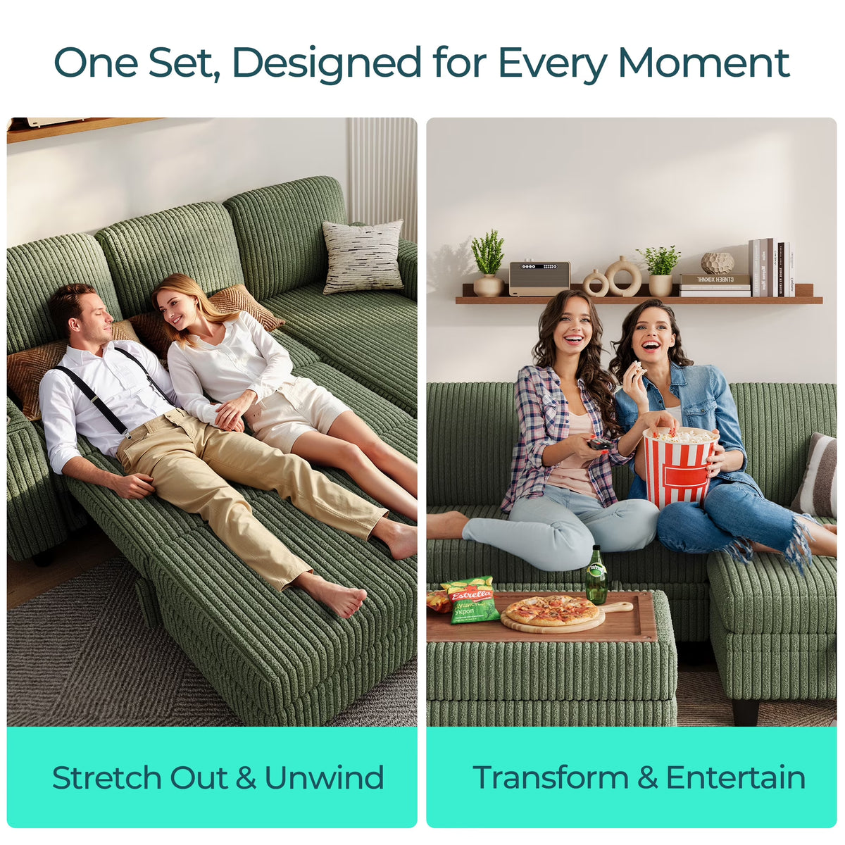 3 Seaterss Sectional Couches for Living Room, Sofa Bed with Storage Seat, Pull Out Couch Bed with Storage Ottoman, Dark Green