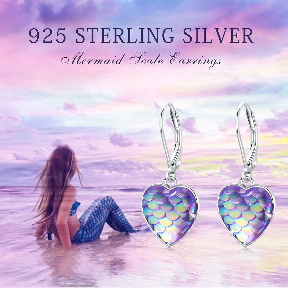 Sterling Silver Mermaid Heart Leverback Hoop Earrings - Hypoallergenic, Colorful, Mother&