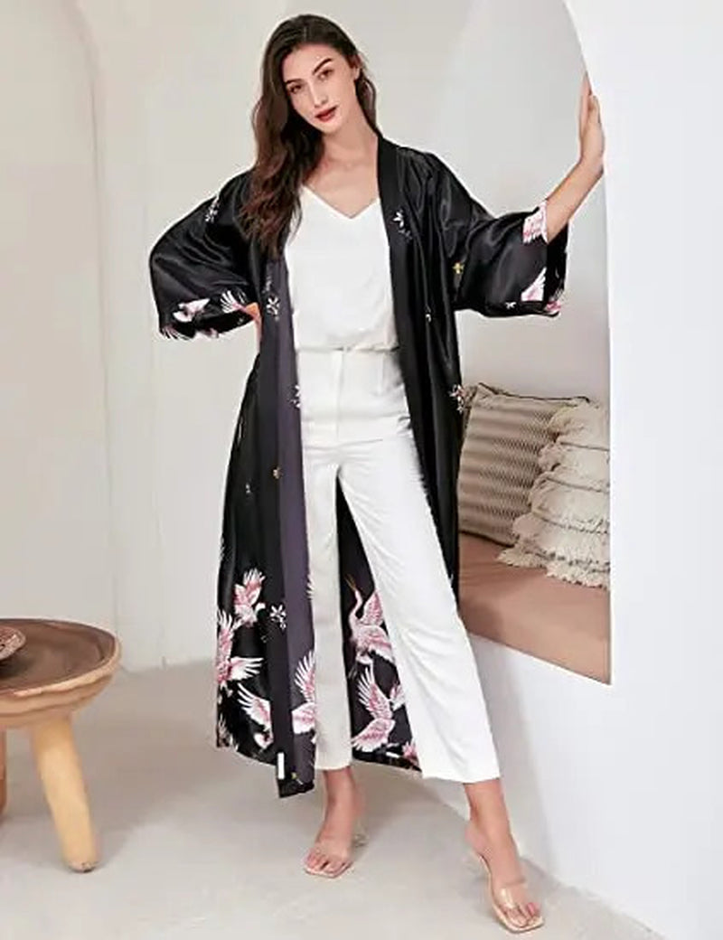 Satin Print Robe Kimono V Neck Knee Length Sleepwear Lounge Belted Fit