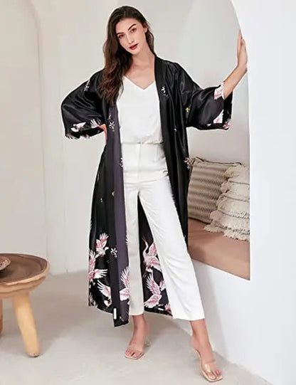 Satin Print Robe Kimono V Neck Knee Length Sleepwear Lounge Belted Fit