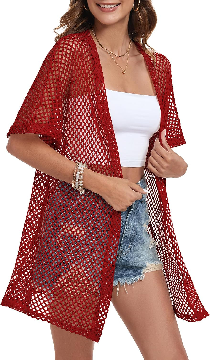 Women Swimsuit Coverup Crochet Beach Cover up Short Sleeve Kimono Cardigans