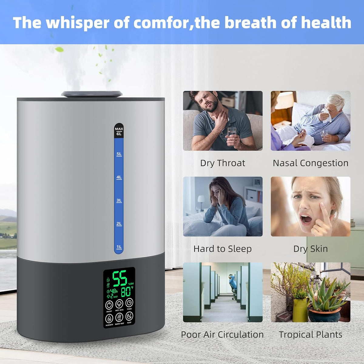 6L Warm &amp; Cool Mist Humidifiers for Bedroom,Large Room,Plants
