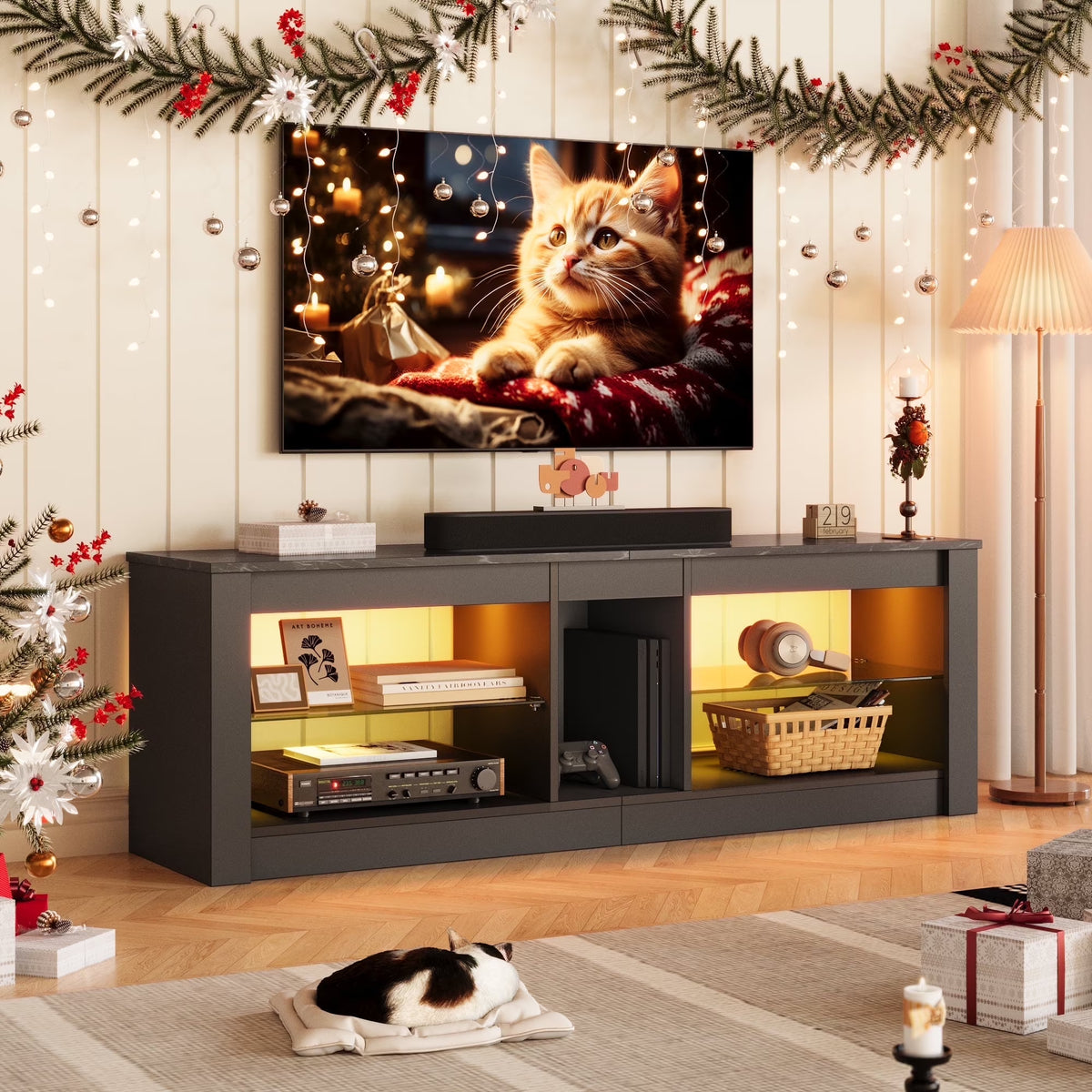 LED TV Stand for 65 Inch Tvs, Entertainment Center with Storage,Tv Console Table for Living Room with Adjustable Shelves,Black Marble