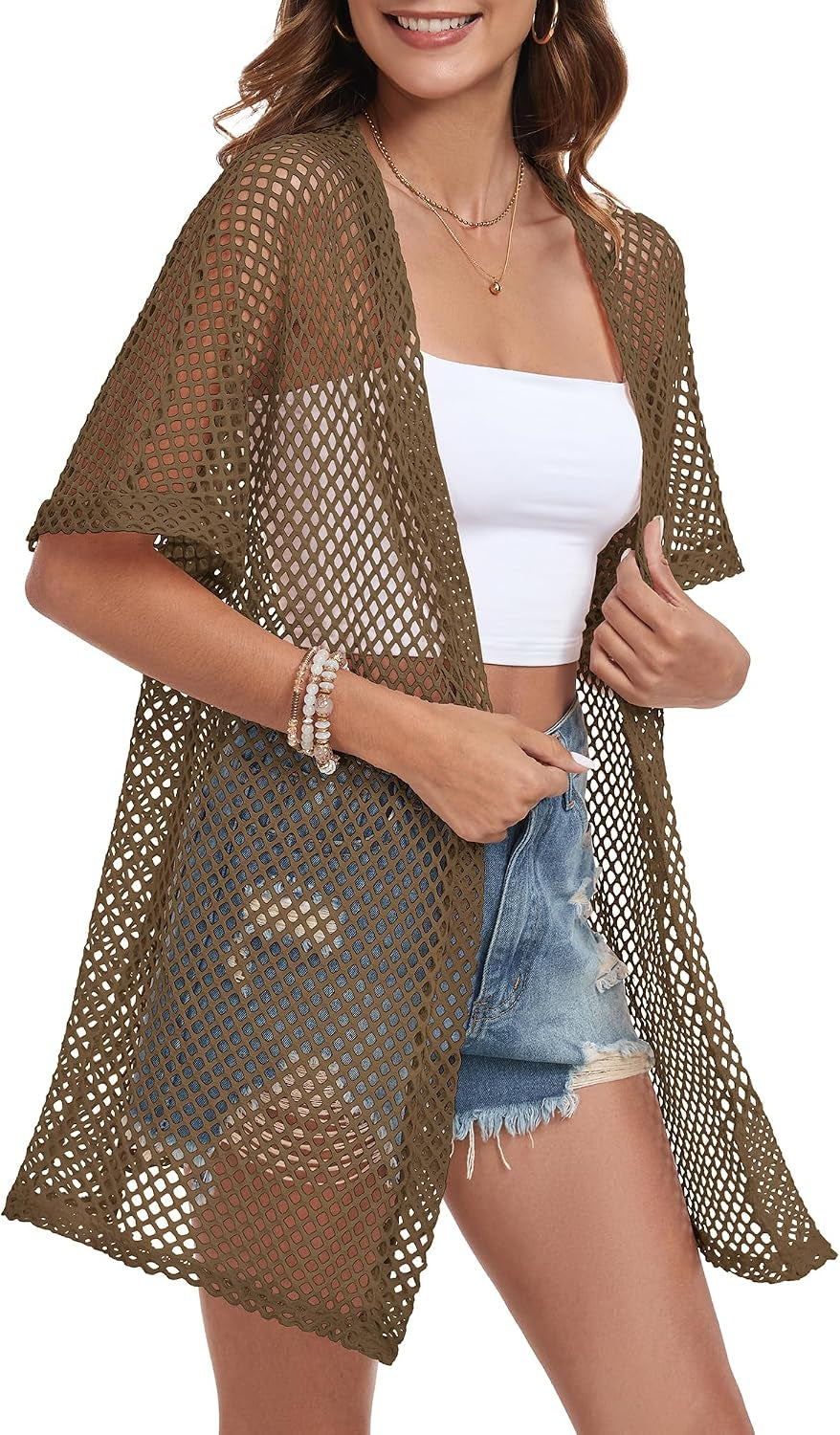 Women Swimsuit Coverup Crochet Beach Cover up Short Sleeve Kimono Cardigans