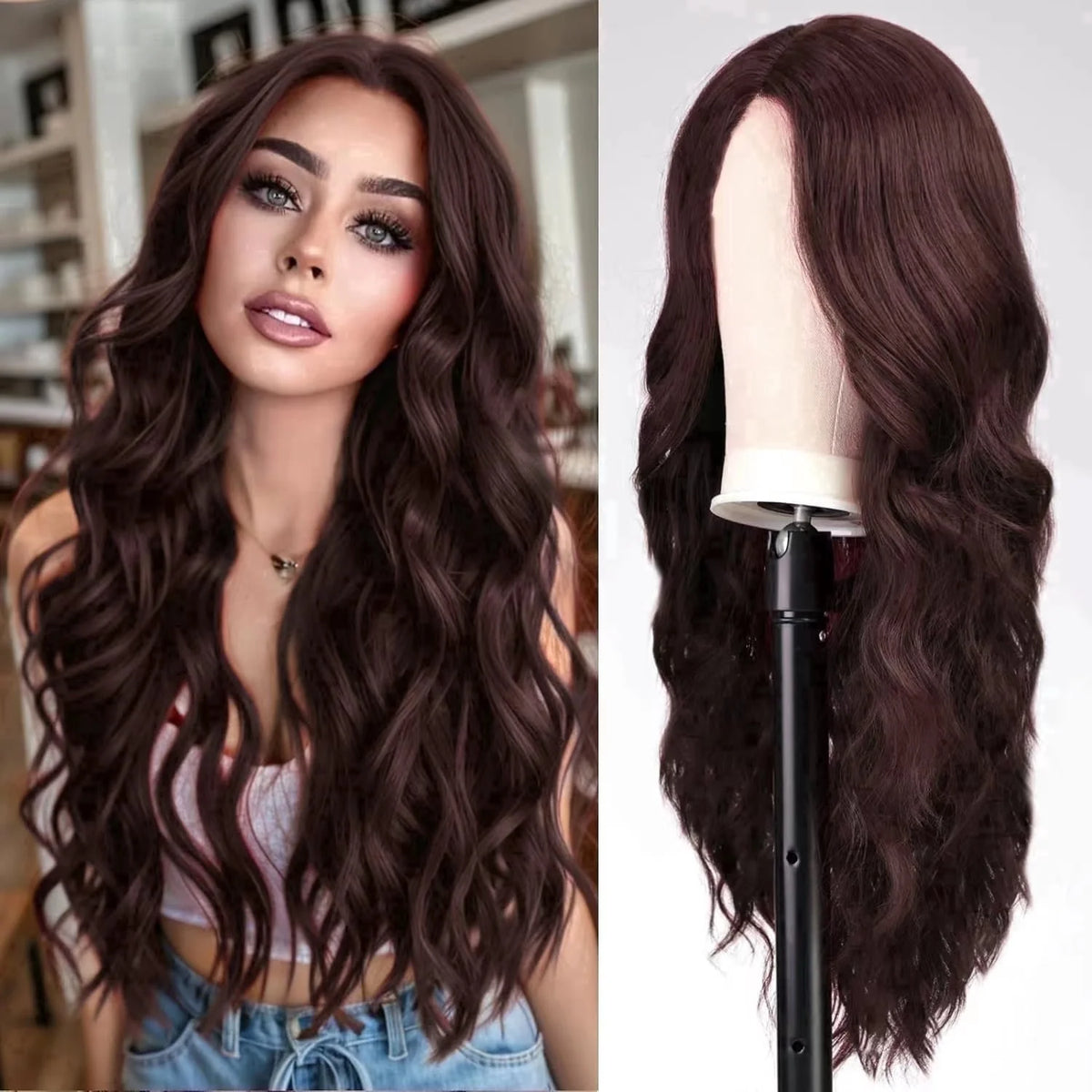 24" Brown Wigs for Women V Part Curly Red Brown Wigs Synthetic Water Wave Wigs Long Wavy Wig