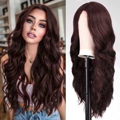 24" Brown Wigs for Women V Part Curly Red Brown Wigs Synthetic Water Wave Wigs Long Wavy Wig
