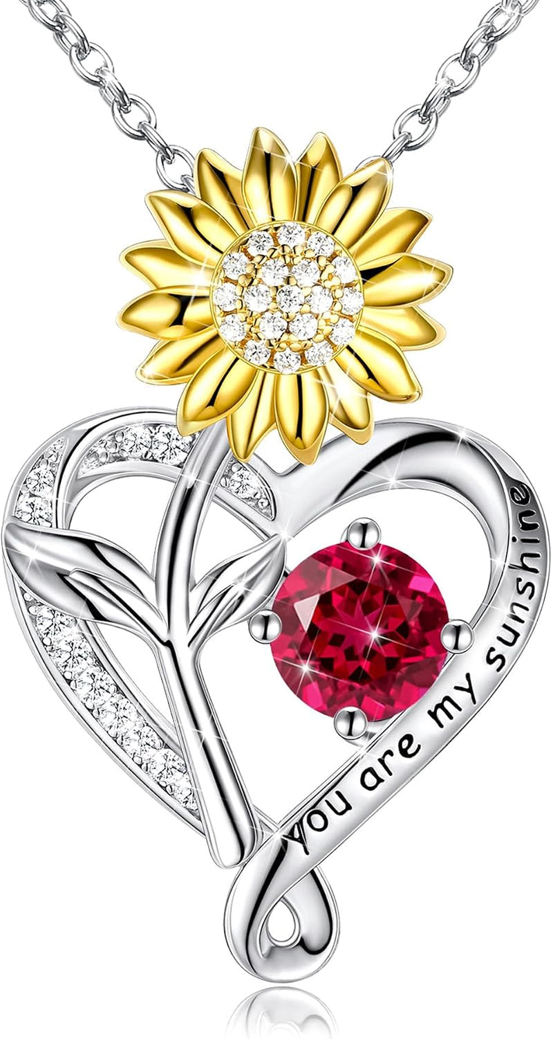 You Are My Sunshine Birthstone Sunflower Heart Pendant Necklace