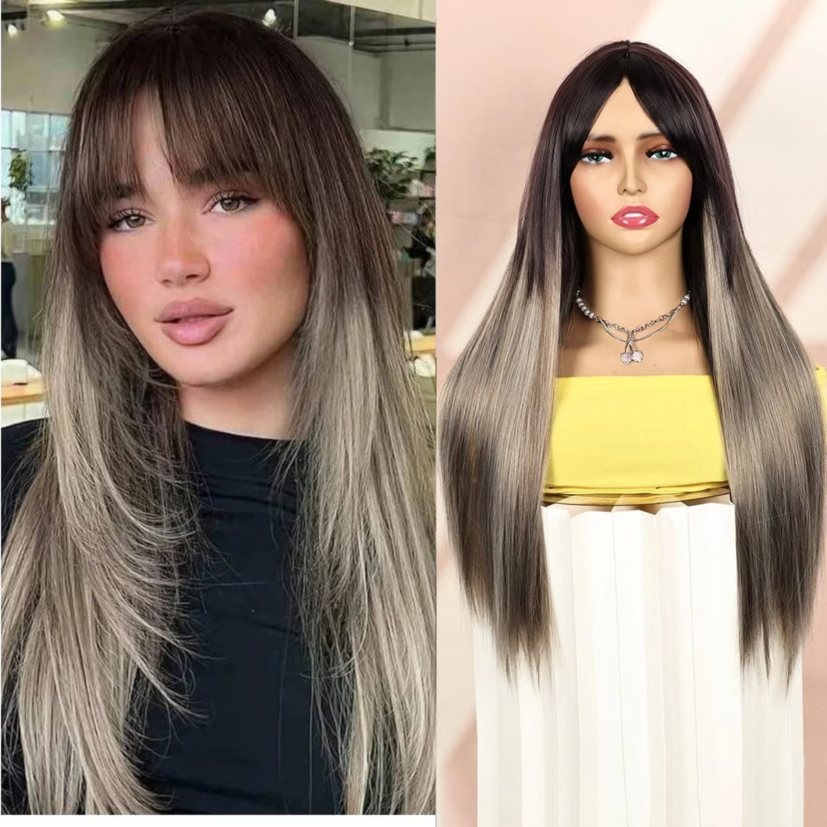 26" Grey Wigs for Women Synthetic Grey Wigs with Dark Root Straight Long Wigs with Bangs Glueless Wigs Purple Mix Grey