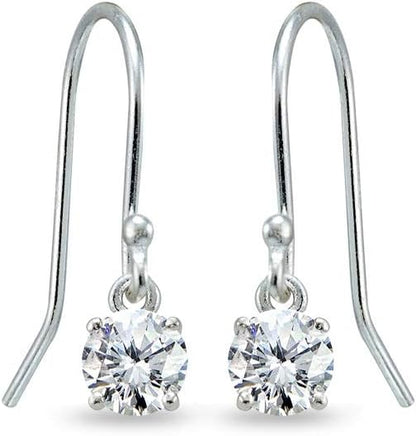 Silver Birthstone Dangle Earrings - Genuine Gemstone, 6Mm round Solitaire, Dainty Drop Earrings for Women