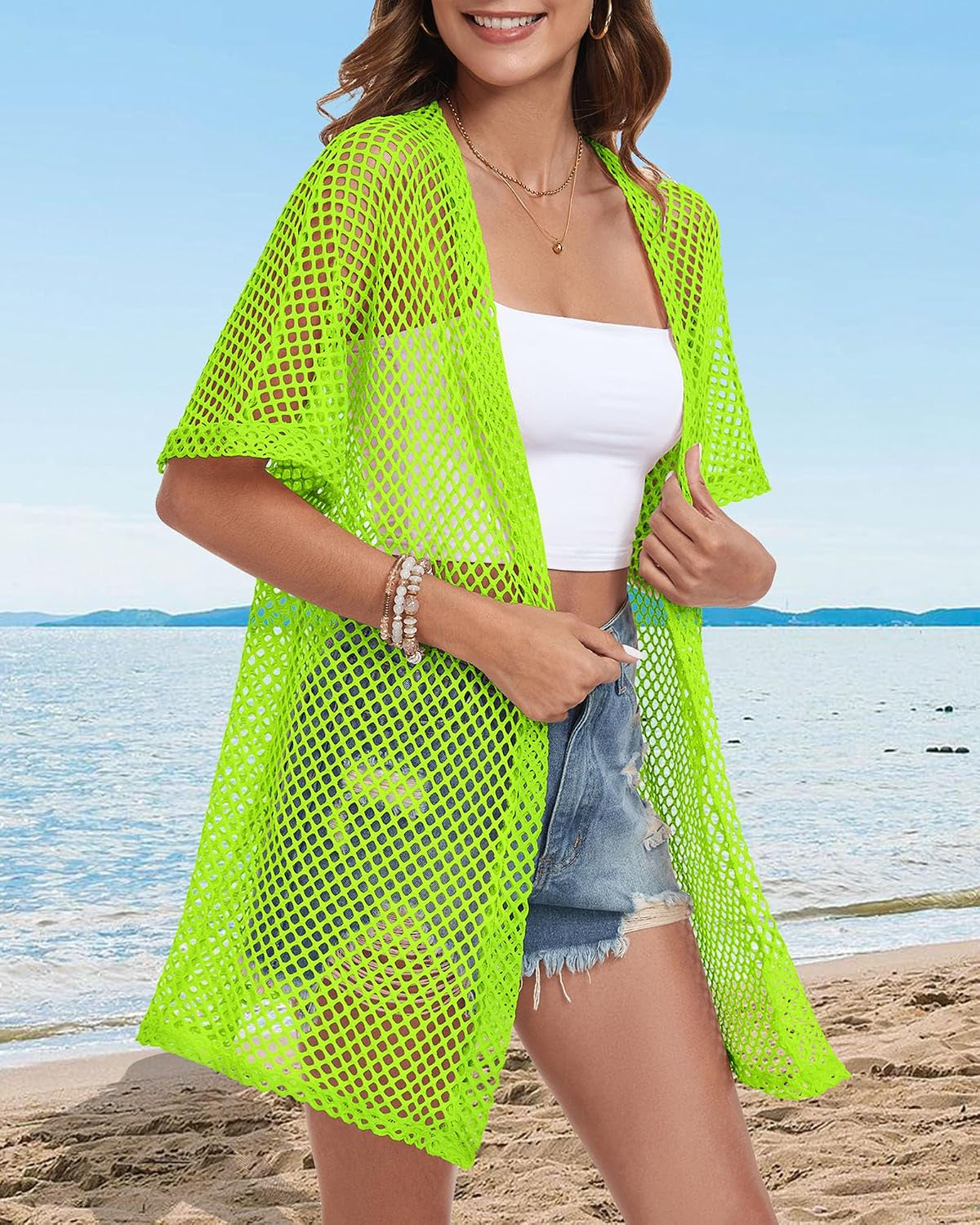 Women Swimsuit Coverup Crochet Beach Cover up Short Sleeve Kimono Cardigans