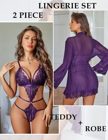 2 Piece Lingerie Set Lace Teddy Bodysuit with Mesh Kimono Robe