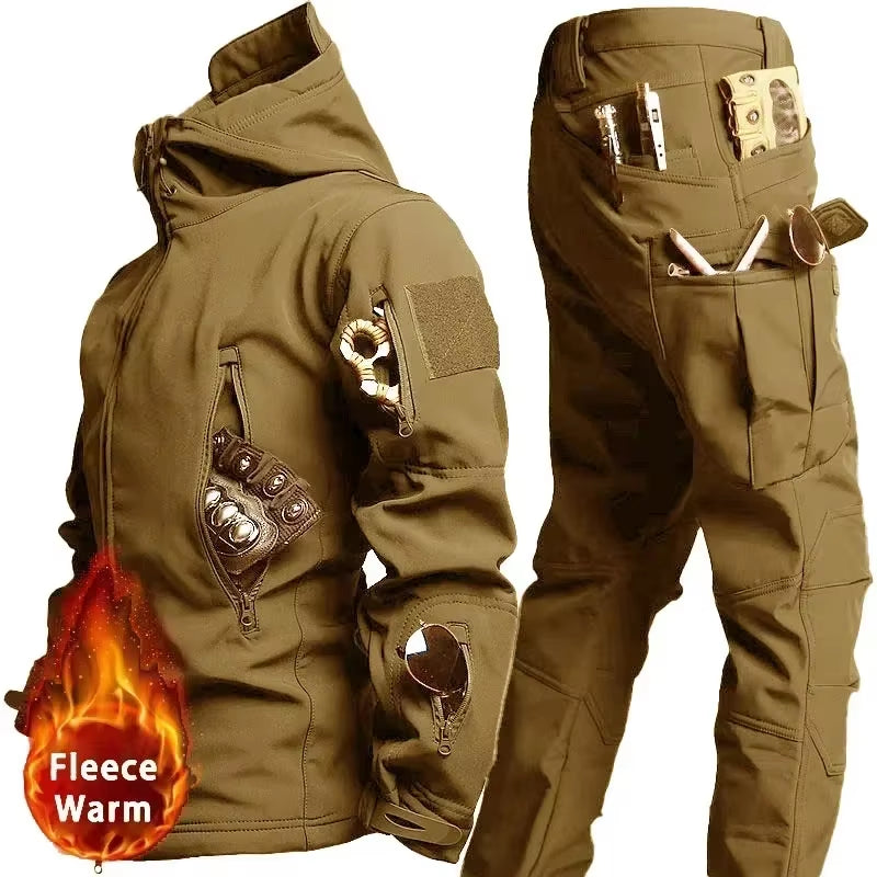 NEW Camo Fleece Warm Sets Winter Soft Shell Tactical Jacket Cargo Pant Outdoor Multi-Pocket Waterproof Hunting Suit