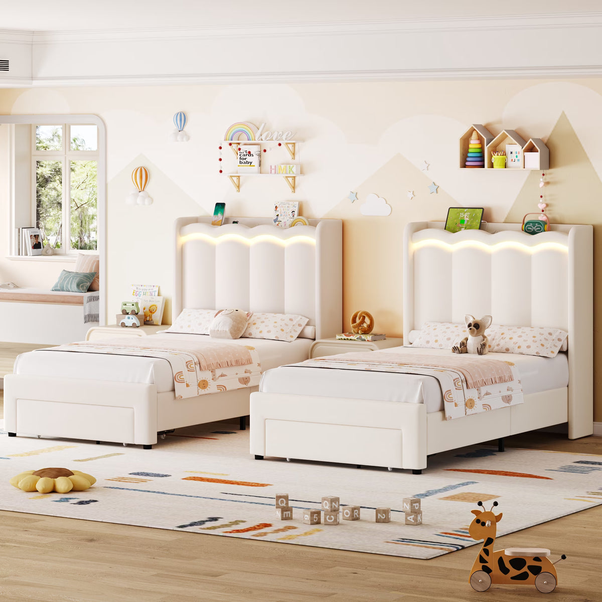 Twin Size Bed with Power Outlet &amp; LED, Upholstered Princess Beds with Drawer, Twin Beds with Headboard Storage, Beige